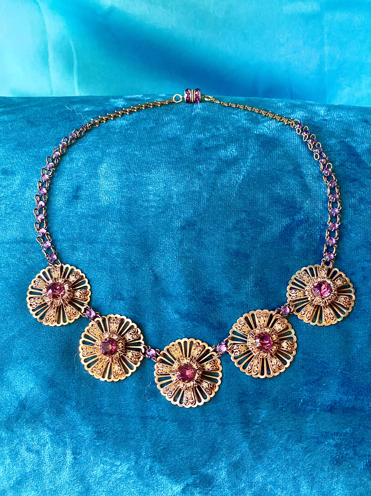 Victorian Book Link Purple Crystal Brass Filigree Choker Necklace