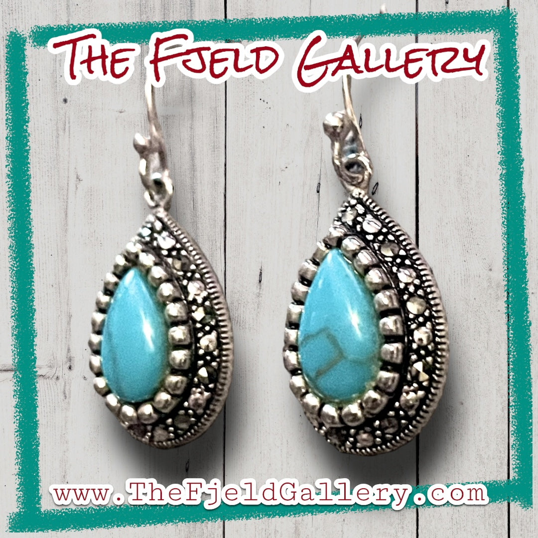 Sterling Silver & Marcasite Turquoise Teardrop Dangle Earrings