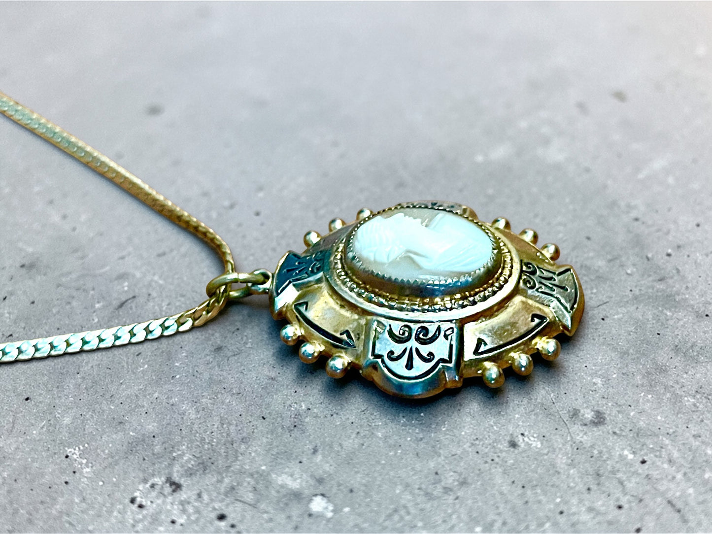 Edwardian Mixed Metal Carved Shell Cameo Cross Locket 14K GF Necklace