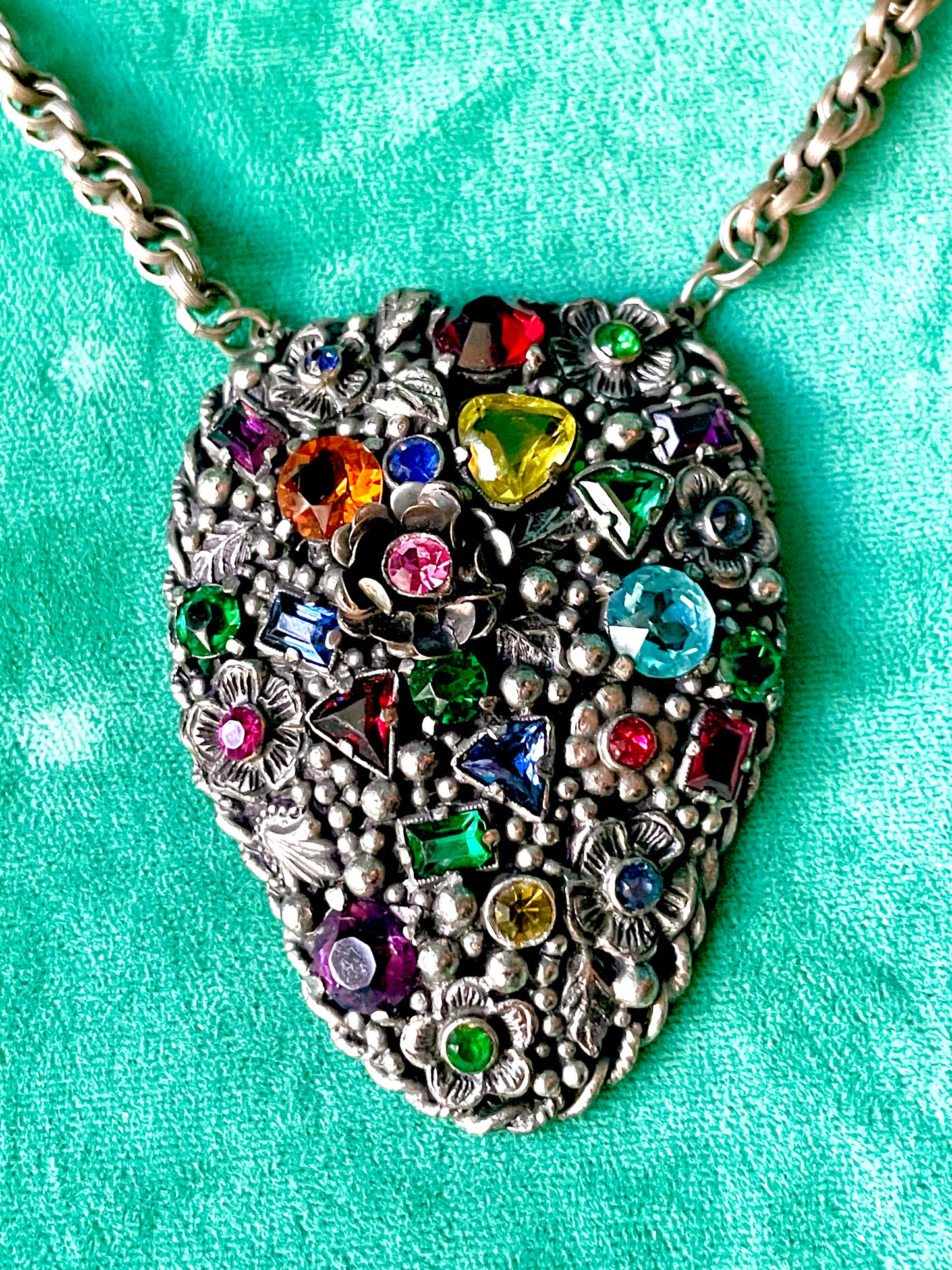 Incredible Fruit Salad Multicolor Rainbow Crystal Floral Art Nouveau Pendant Necklace