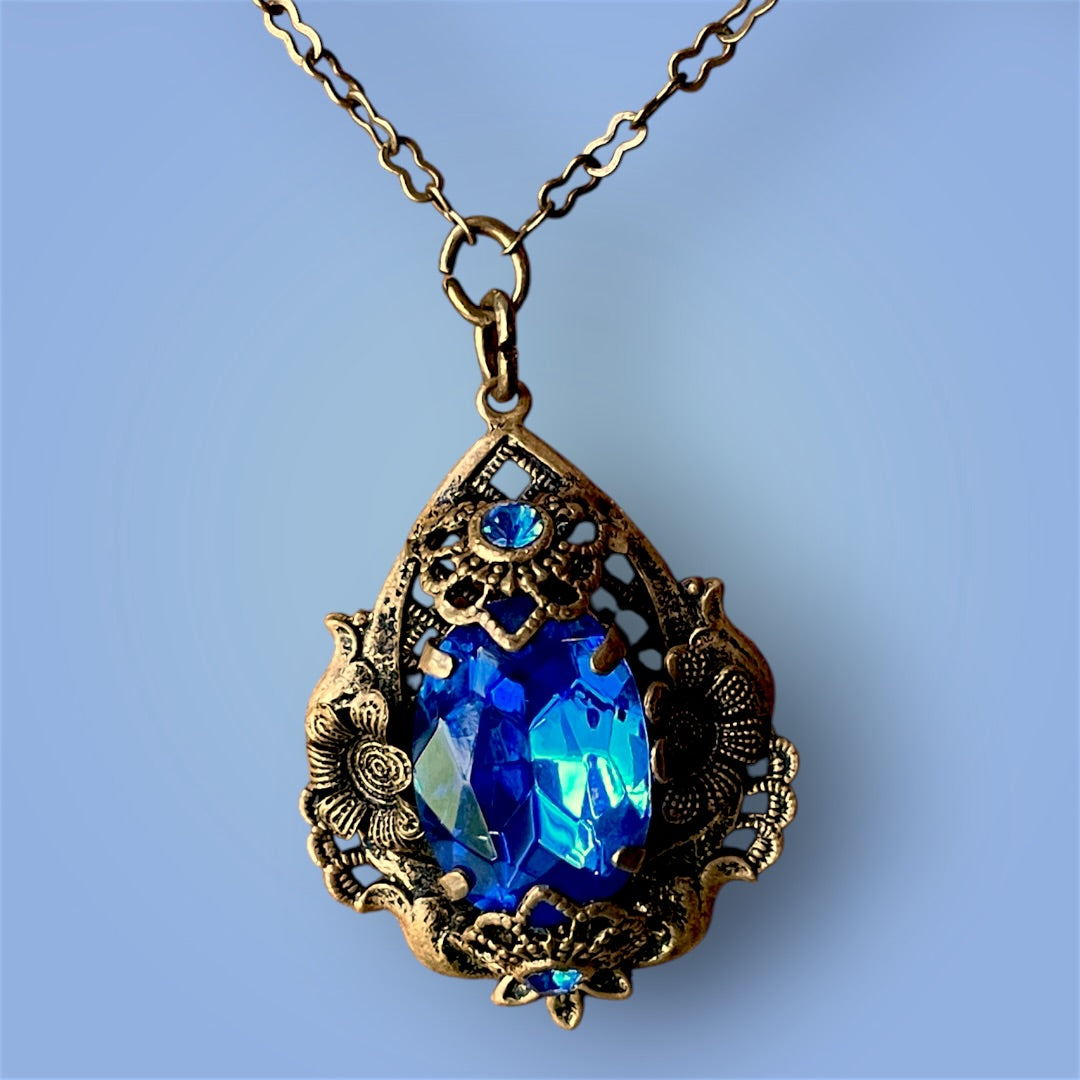 Art Nouveau Czechoslovakian Brass Filigree Royal Blue Crystal Necklace