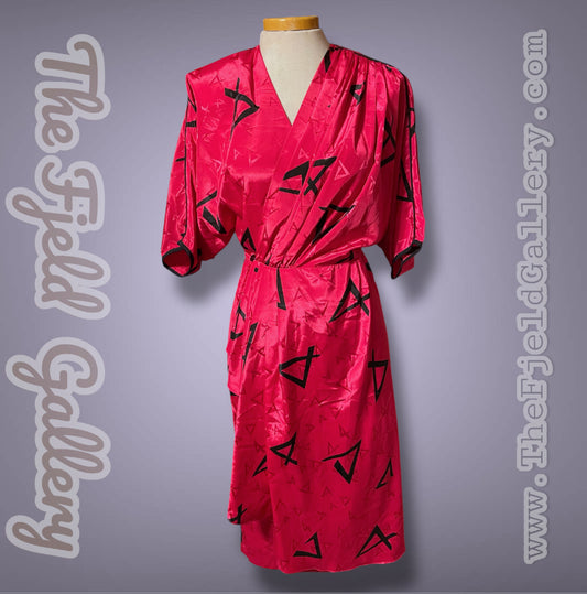 1980’s Magenta Pink Black Abstract Geometric Print Pleated Wrap Dress