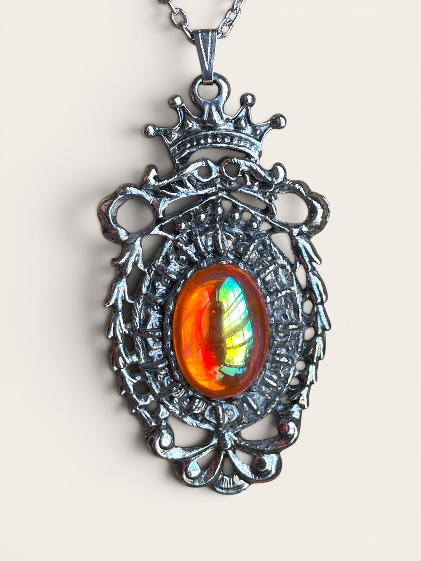 Royal Regency Orange Pink Carnival Art Glass Silver Crown & Garland Pendant Necklace