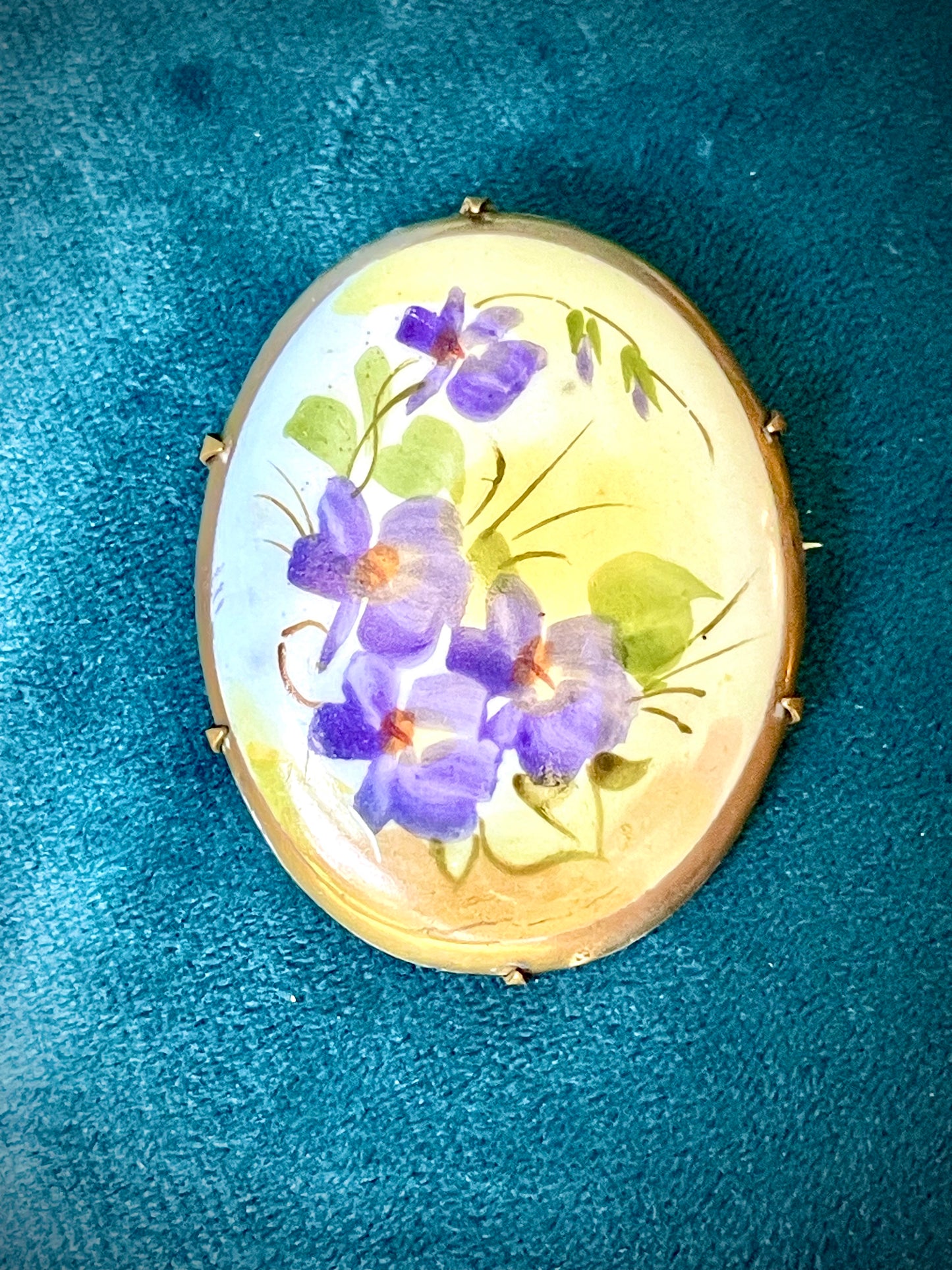Victorian Forget Me Not Flowers Hand Painted Porcelain Limogé Brooch