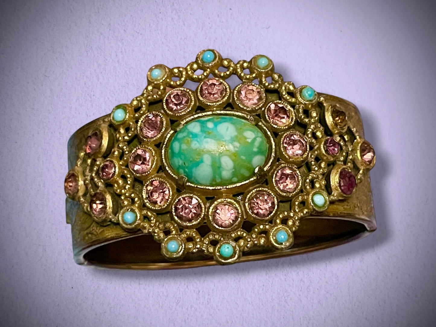 Czech Turquoise Hubble Art Glass & Purple Lilac Crystal Engraved Lilly Flower Brass Hinged Bangle Bracelet