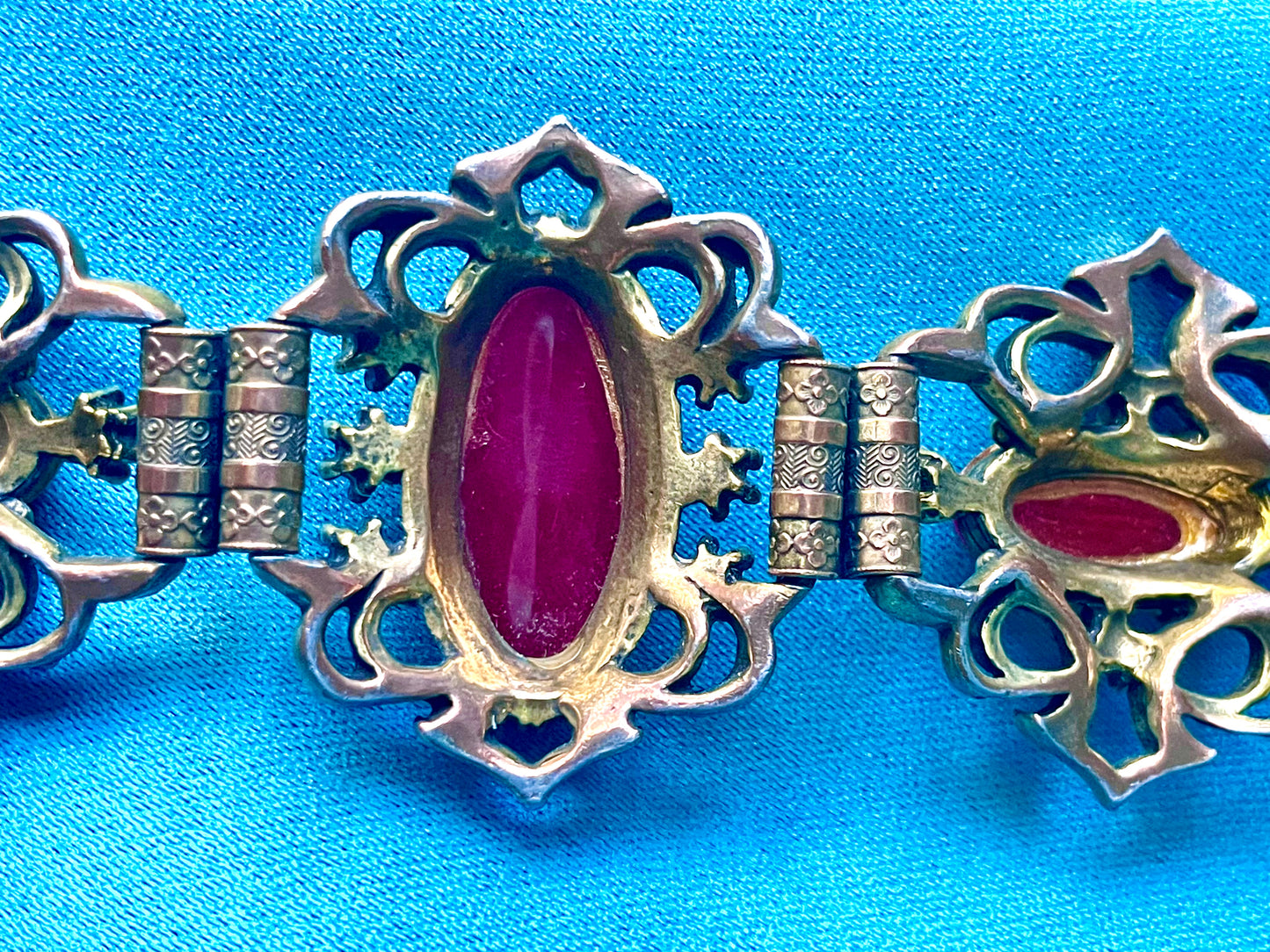 Heavy Brass Booklink Red-Orange Faux Amber Celluloid, Green Crystal & Pearl Panel Link Bracelet