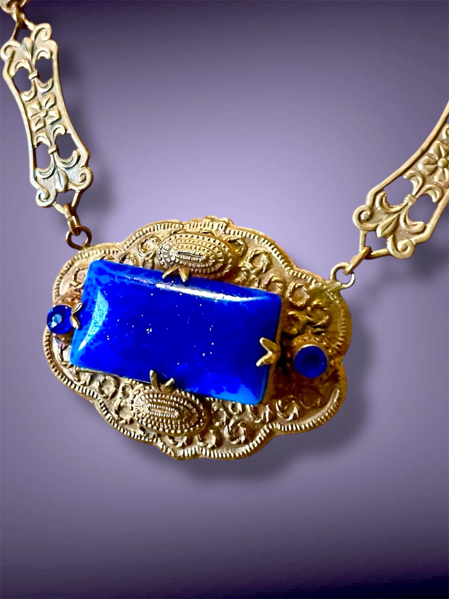 Czechoslovakian Brass Art Nouveau Floral & Flourish Lapis Blue Art Glass & Sapphire Crystal Necklace