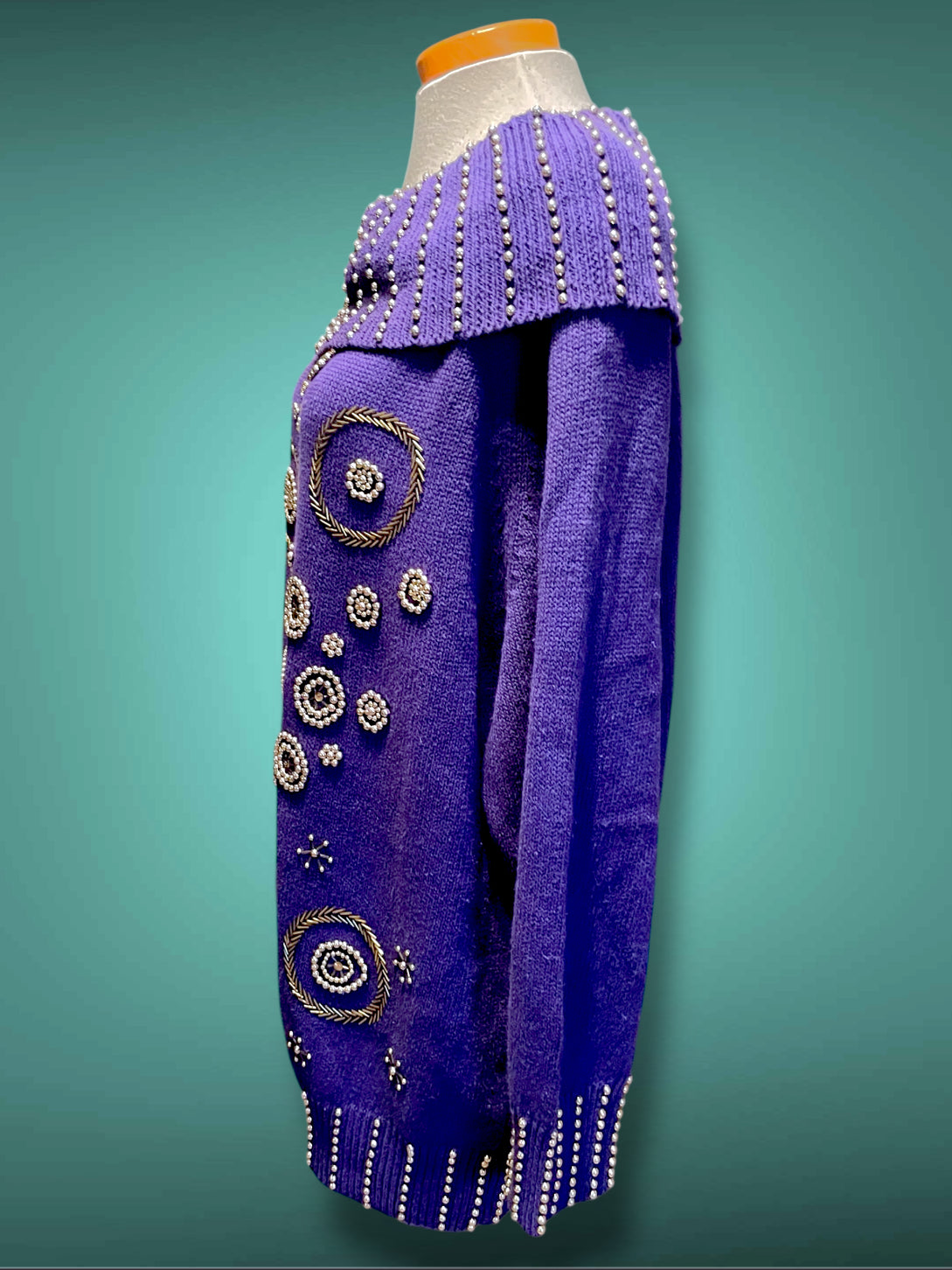 Vintage 1980’s Purple Oversized Boat Neck Sweater with Gold Bead Detail Design