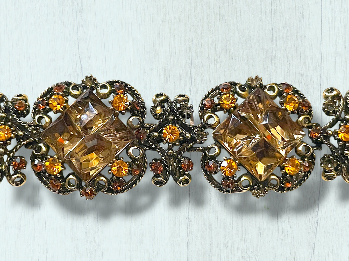 Incredible Vintage Chunky Faceted Amber & Topaz Crystal Designer Bracelet