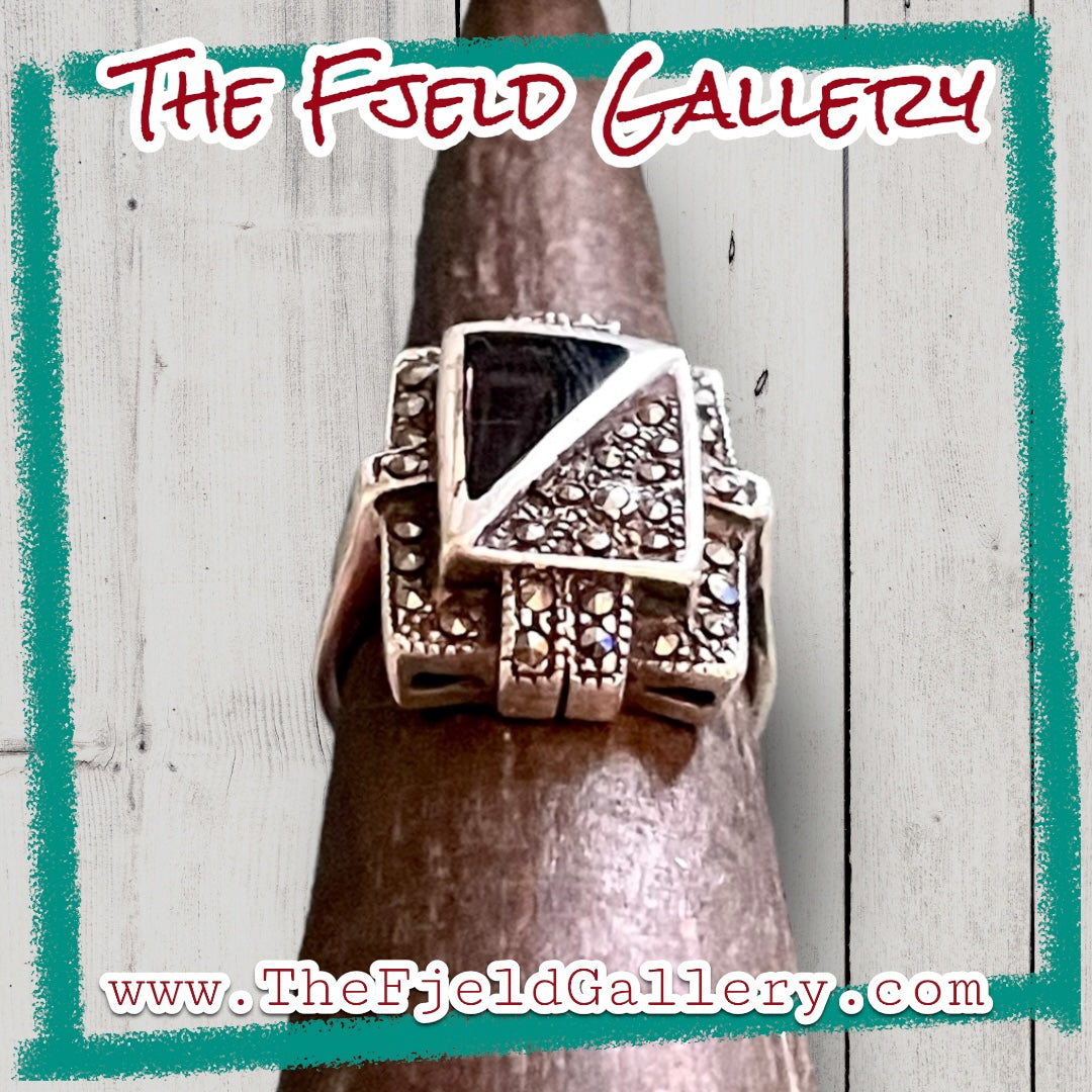 Art Deco Onyx & Marcasite Square Sterling Silver Geometric Ring