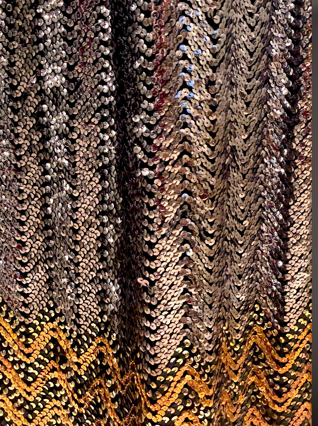 Gorgeous 1960’s Calderón Designer Black Long Sleeve Silver, Gold & Copper Metallic Sequin Maxi Dress