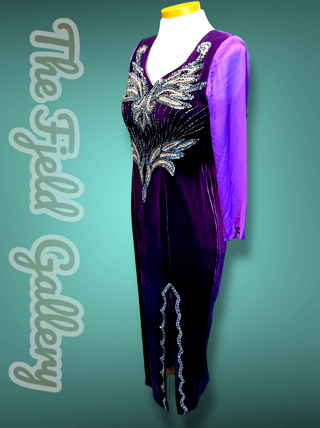 Deep Purple Velvet & Sheer Aurora Borealis Sequin Maxi Gown Dress