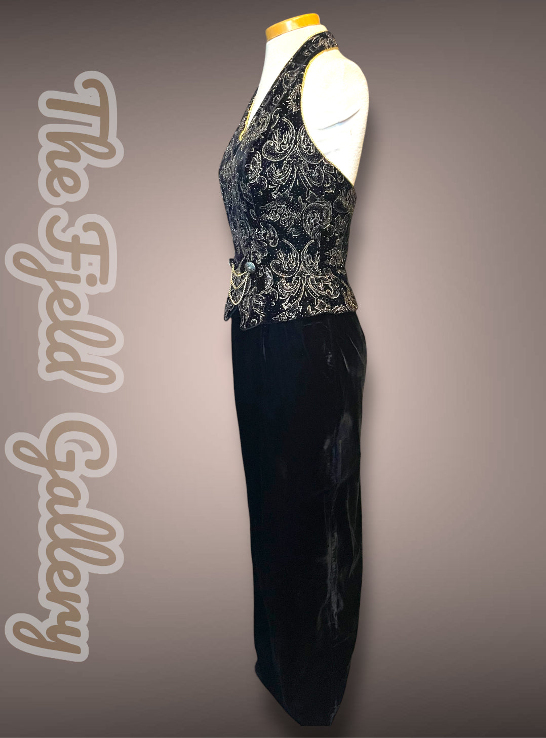 Vintage 1990’s Scott McLintock Black Velvet Maxi Pencil Halter Dress with Gold Glitter Damask Pattern