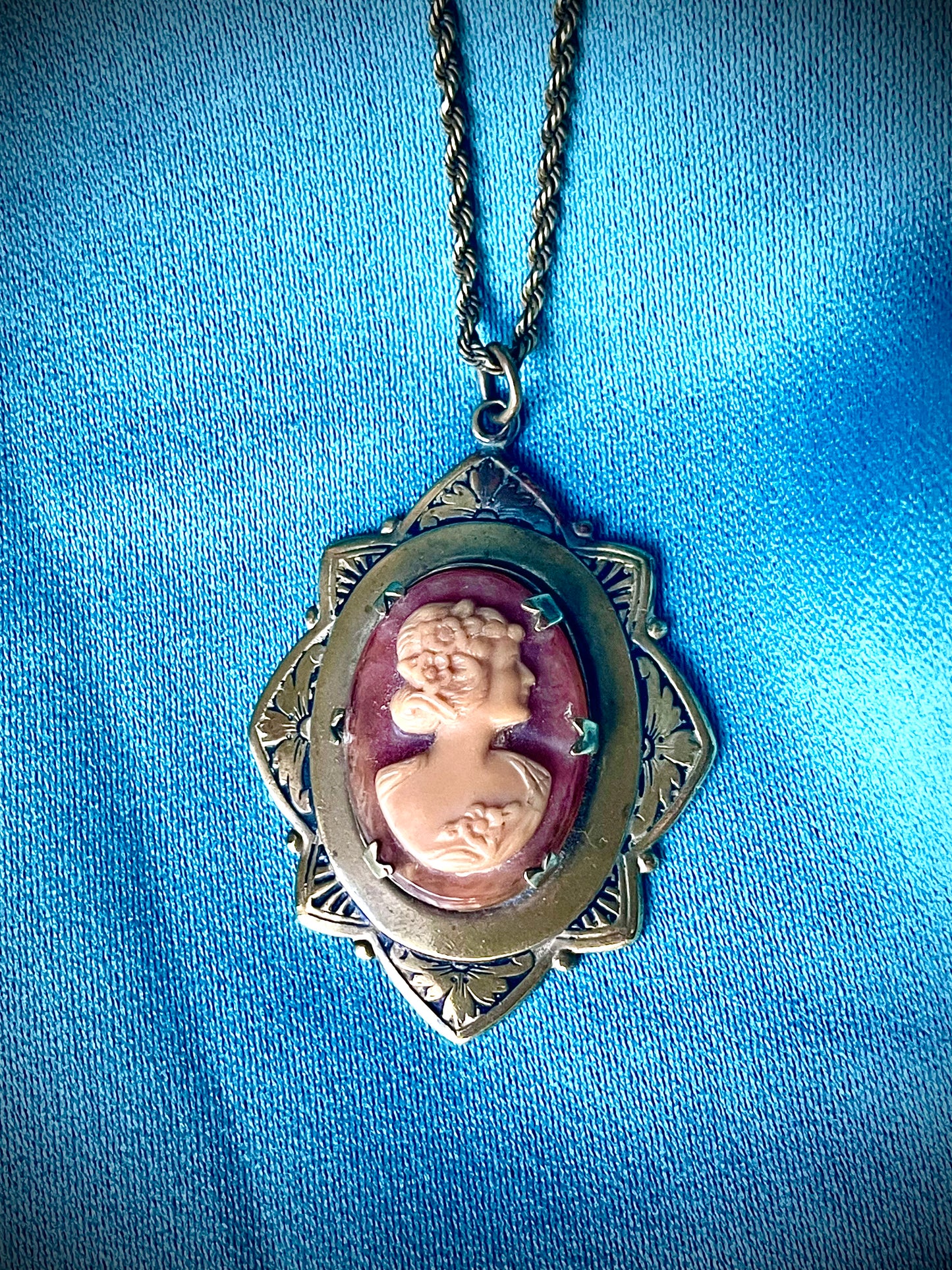 Art Nouveau Engraved Brass Orange & Cream Celluloid Cameo Necklace