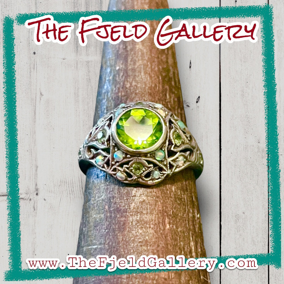 Peridot & Opal Sterling Silver Victorian Filigree Vintage Dome Ring