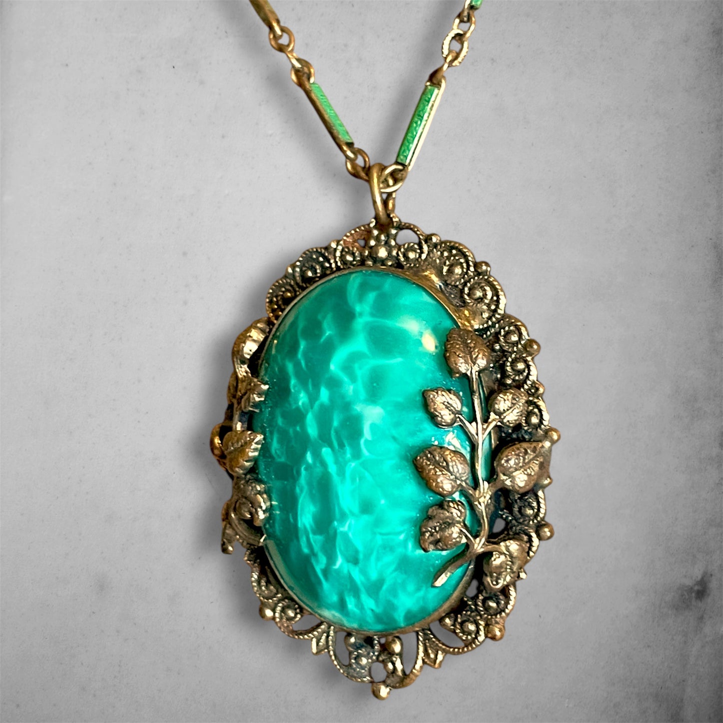 Art Nouveau Czech Peking Green Marble Art Glass Enamel Brass Filigree Necklace