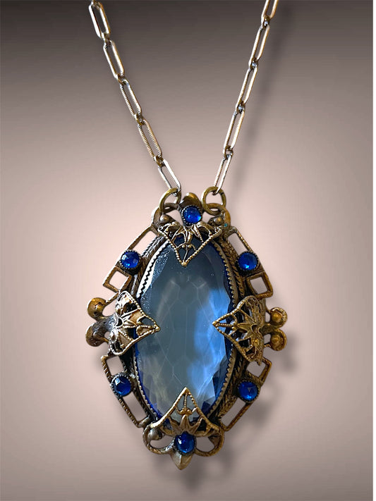 Art Nouveau Czech Brass Blue Art Glass & Saphire Chrystal Filigree Floral Stamped Necklace