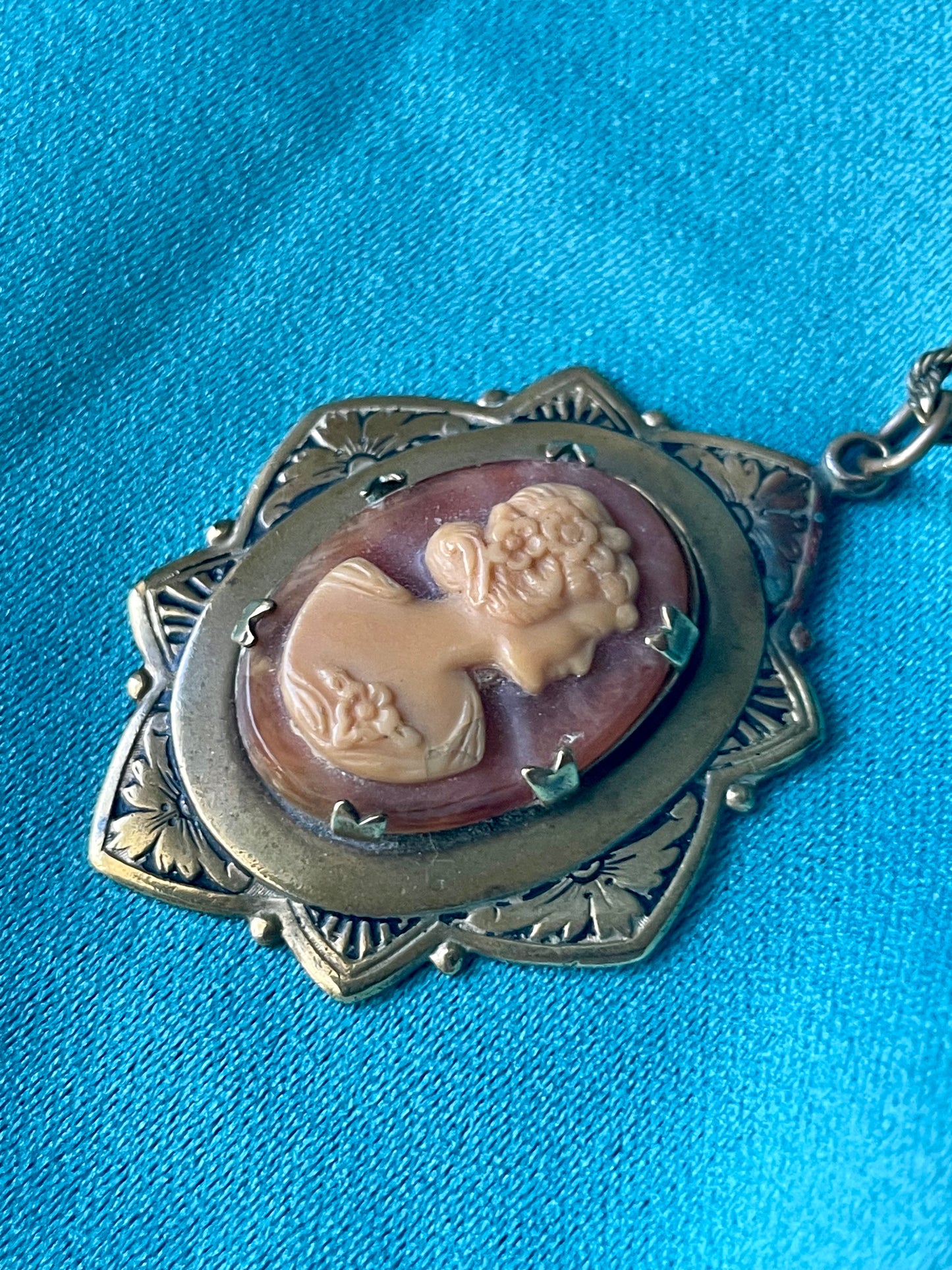 Art Nouveau Engraved Brass Orange & Cream Celluloid Cameo Necklace
