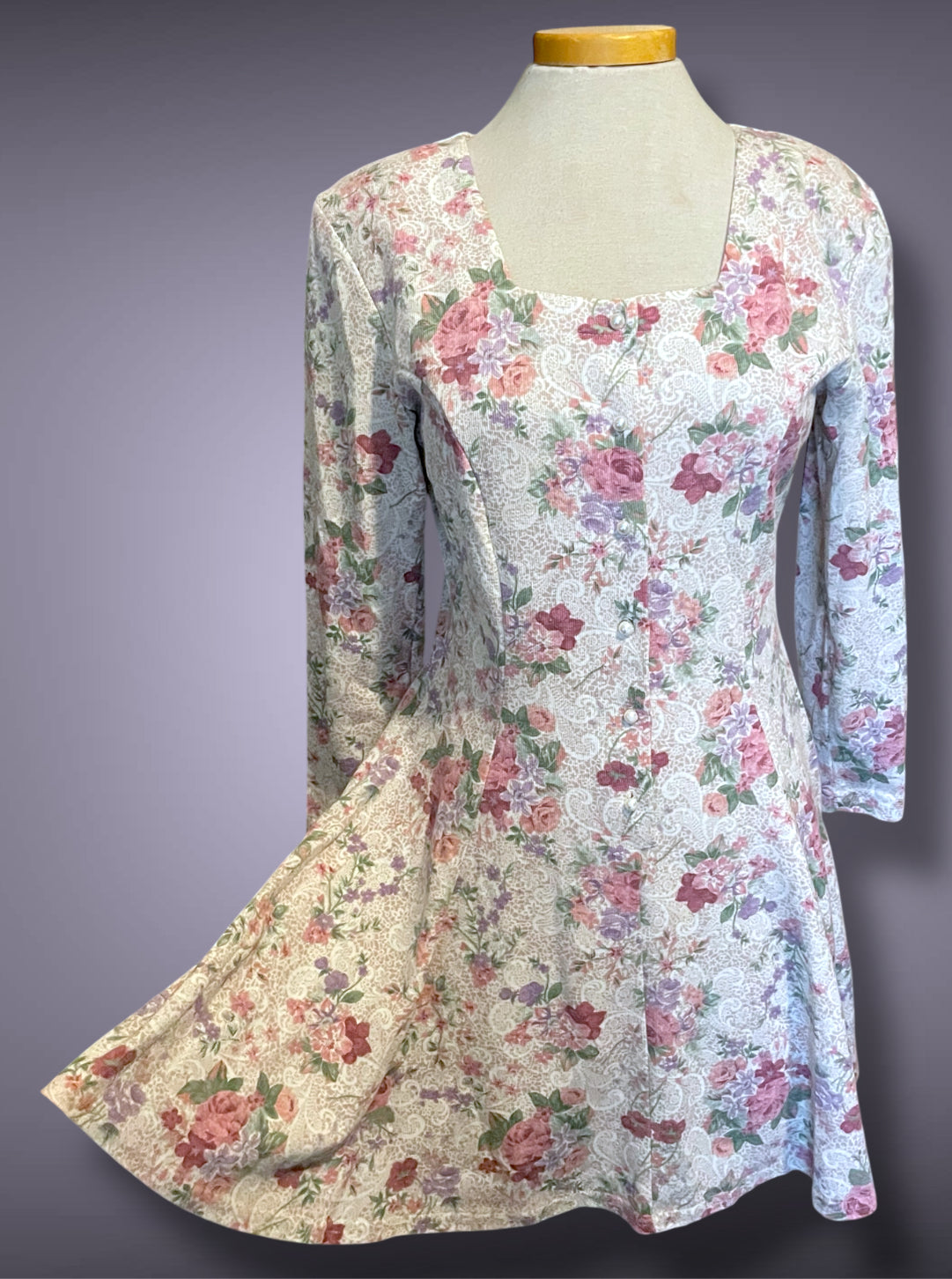 1990’s Pink Floral Rose Print Pearl Button Up Long Sleeve A-Line Dress