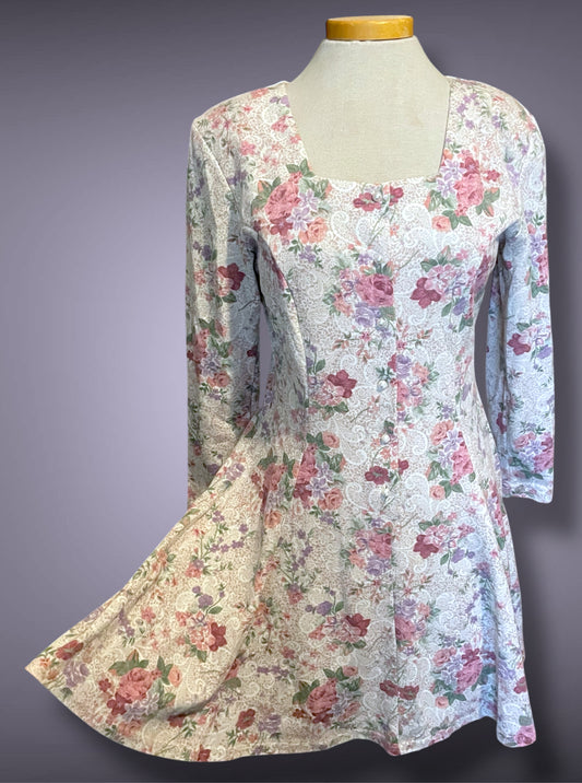 1990’s Pink Floral Rose Print Pearl Button Up Long Sleeve A-Line Dress