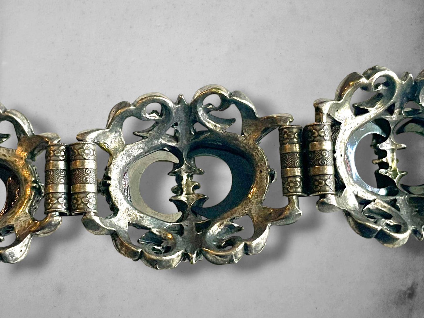 Victorian Booklink Chain Black Crescent Moon Crystal Panel Bracelet