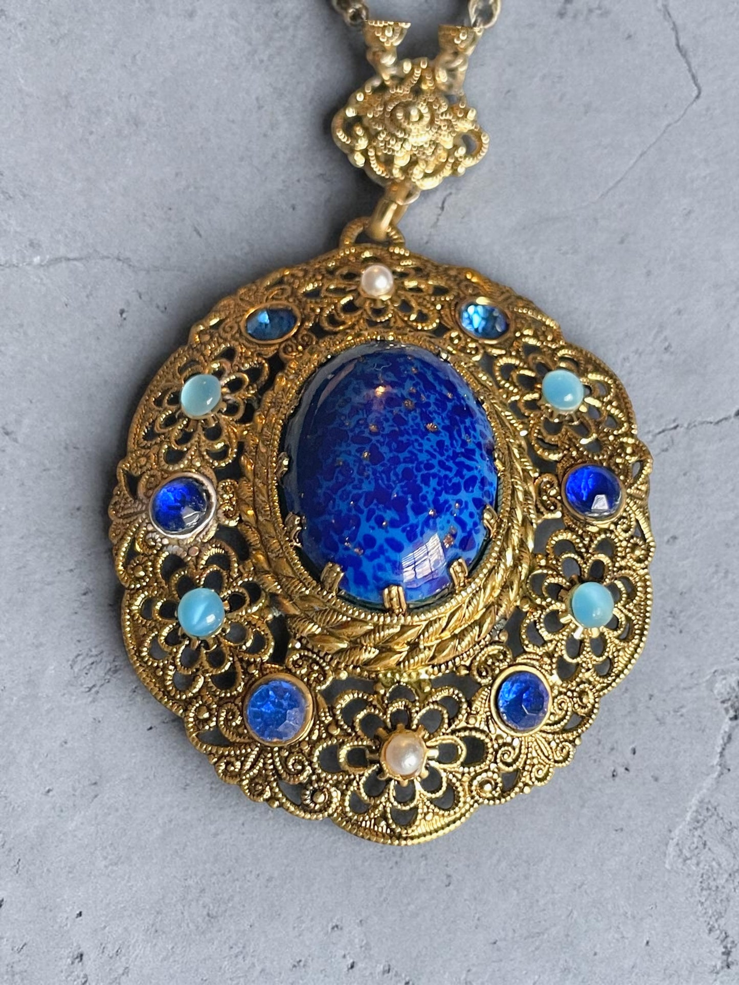 1940’s West German Gilded Brass Filigree Lapis Blue, Cats Eye Art Glass & Pearl Necklace