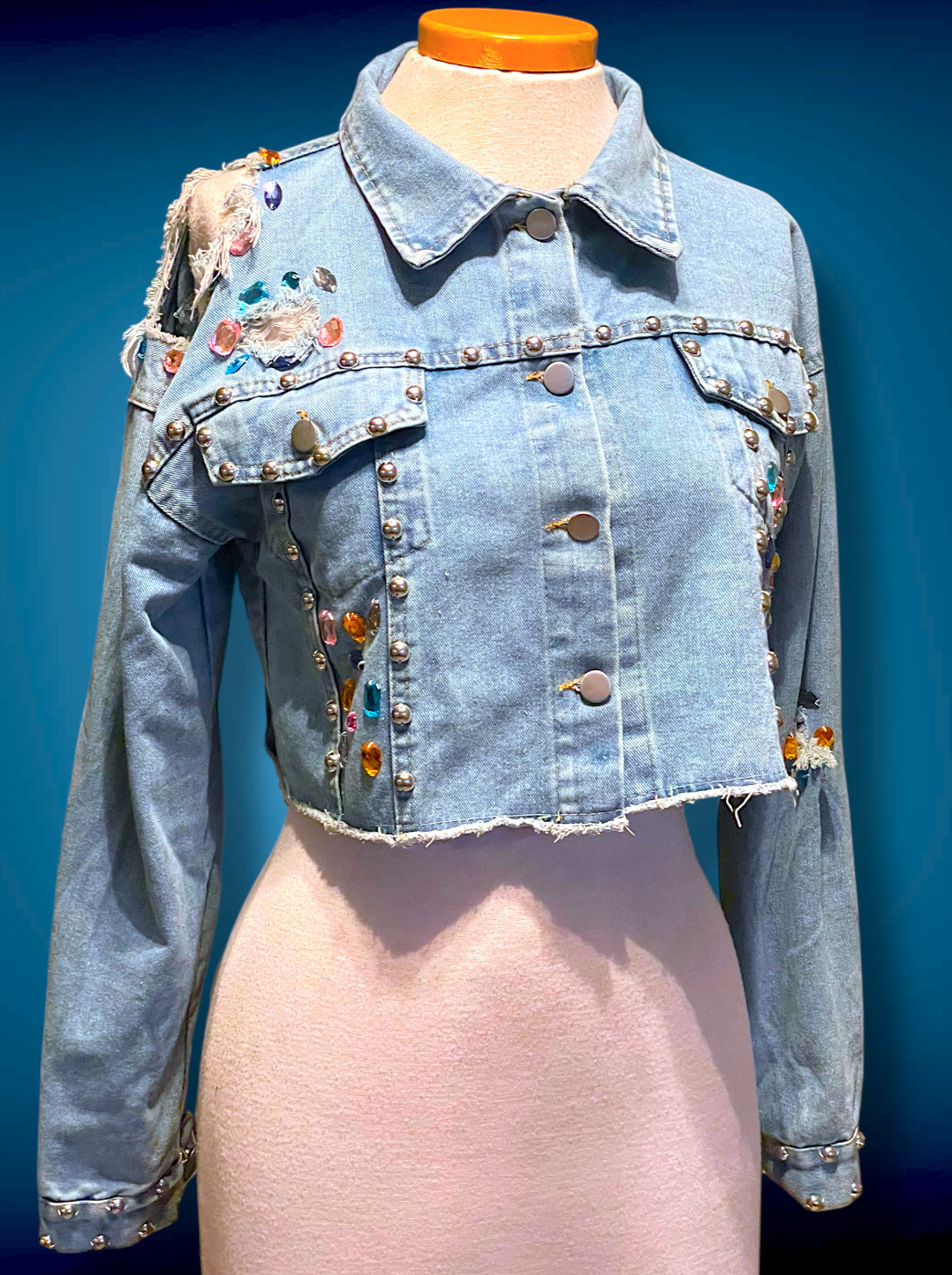 Vintage 1980’s Rainbow Jewel Crystal Stone Encrusted & Metal Rivet Crop Distressed Jean Jacket