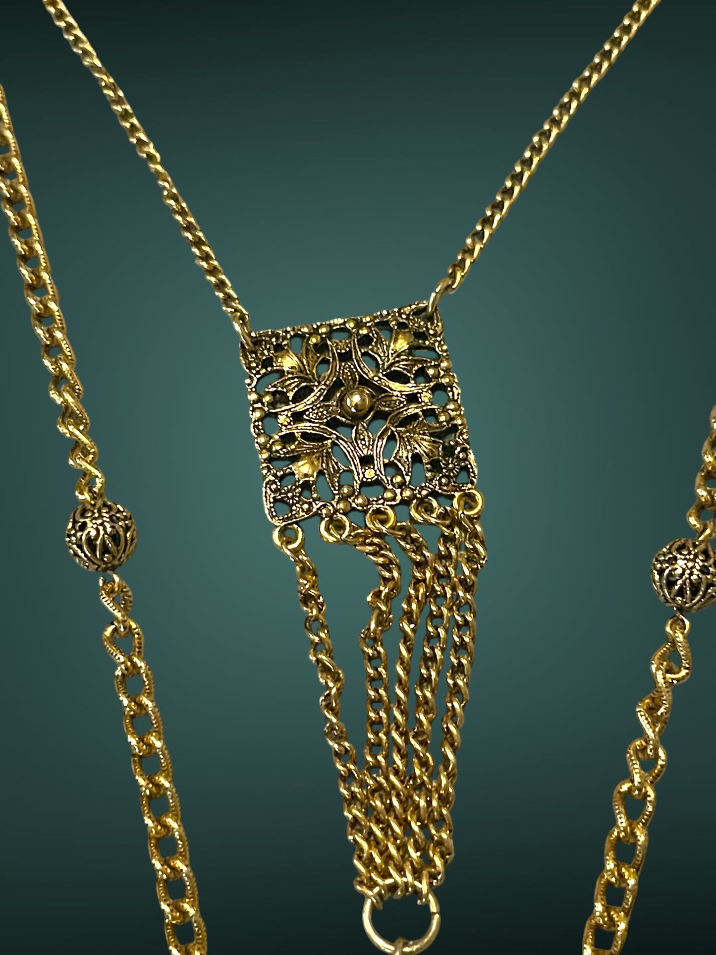 Art Nouveau Czech Gold Filigree Chestplate Turquoise Chain Dangle Festoon Necklace