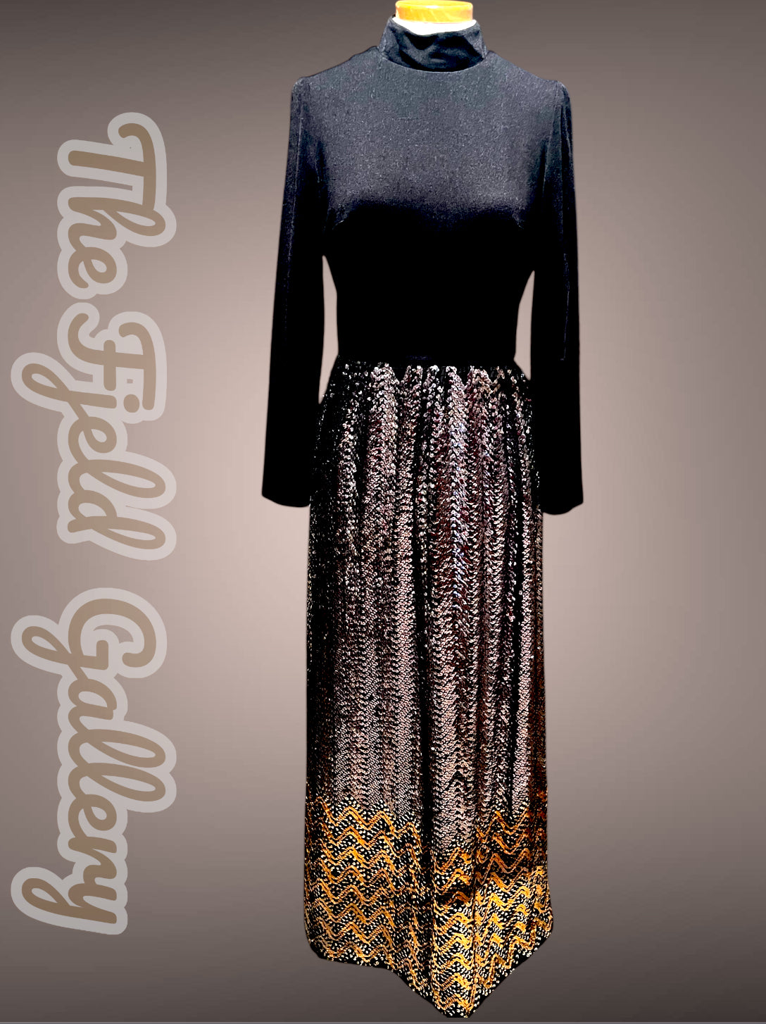 Gorgeous 1960’s Calderón Designer Black Long Sleeve Silver, Gold & Copper Metallic Sequin Maxi Dress