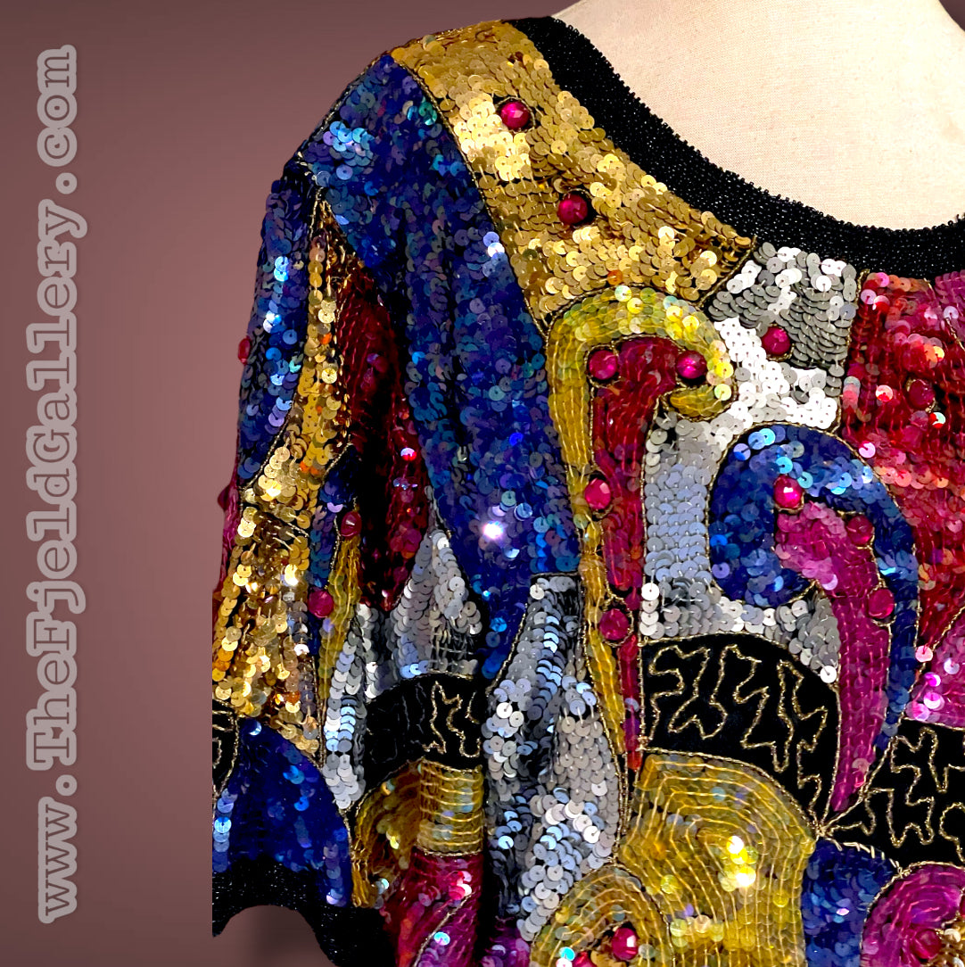 1970’s 100% Silk Sequin, Glass Seed Bead & Rhinestone Abstract Rainbow Top