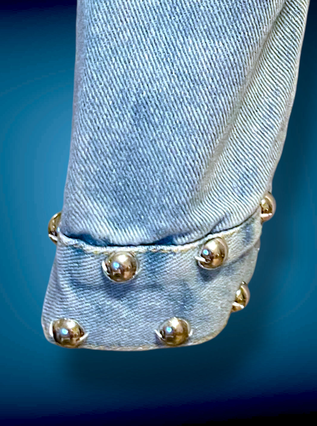 Vintage 1980’s Rainbow Jewel Crystal Stone Encrusted & Metal Rivet Crop Distressed Jean Jacket