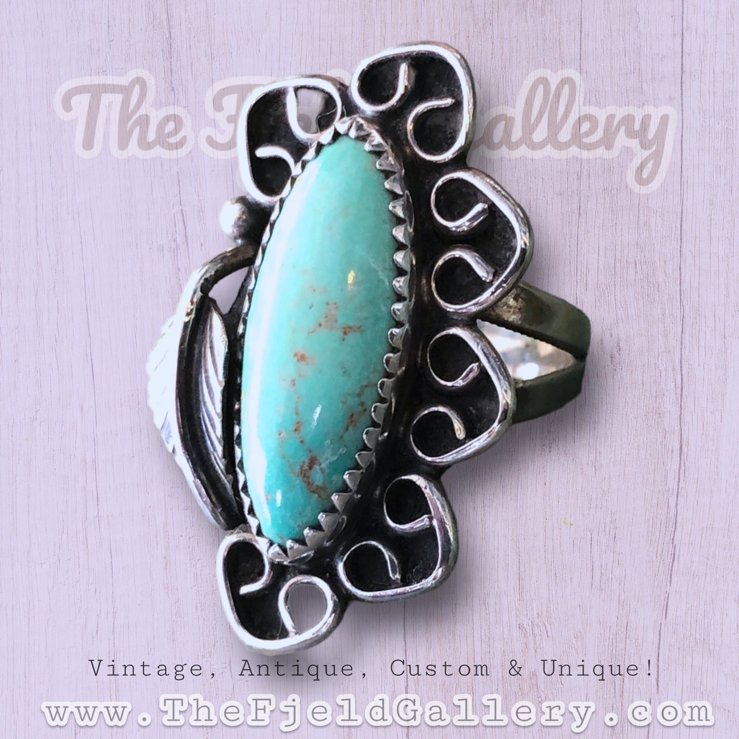 Vintage Sterling Silver & Turquoise Native American Long Leaf Detail Ring