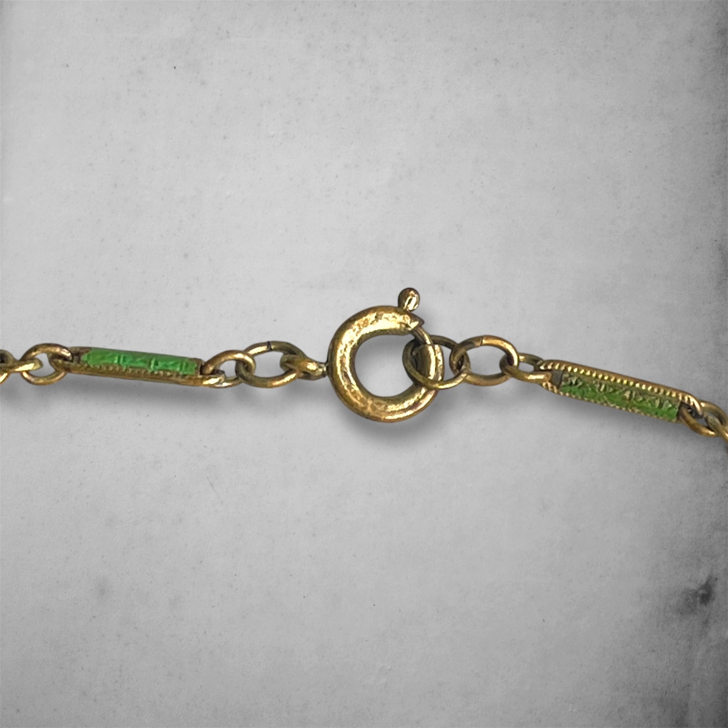 Art Nouveau Czech Peking Green Marble Art Glass Enamel Brass Filigree Necklace