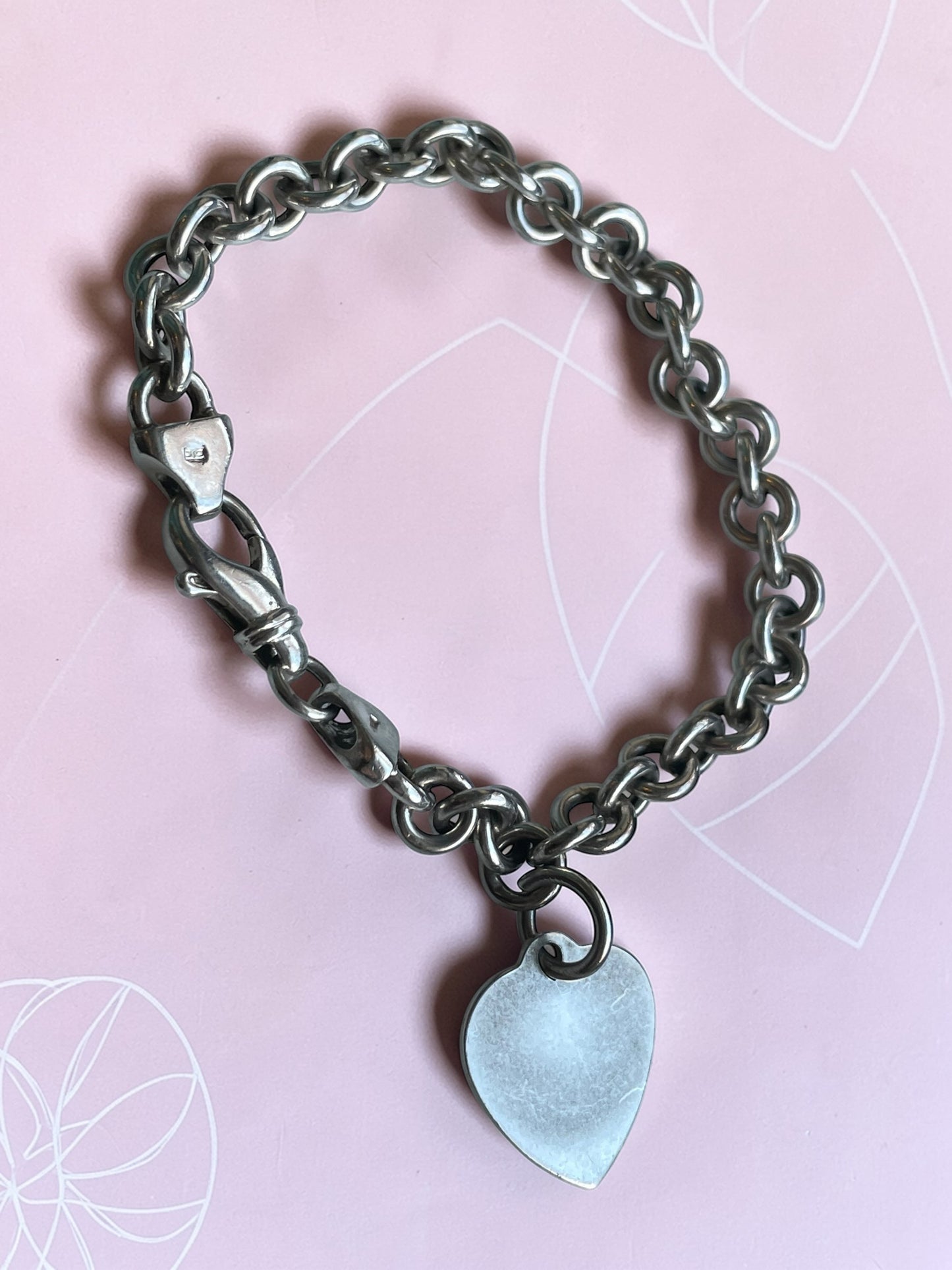 Vintage Solid Sterling Silver OTC Wide Rolo Chain Engravable Heart Charm Bracelet