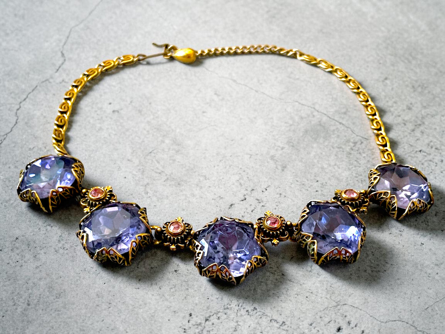 Art Nouveau Austrian Lilac Purple & Pink Crystal Gold Filled Brass Filigree Schiaparelli Necklace