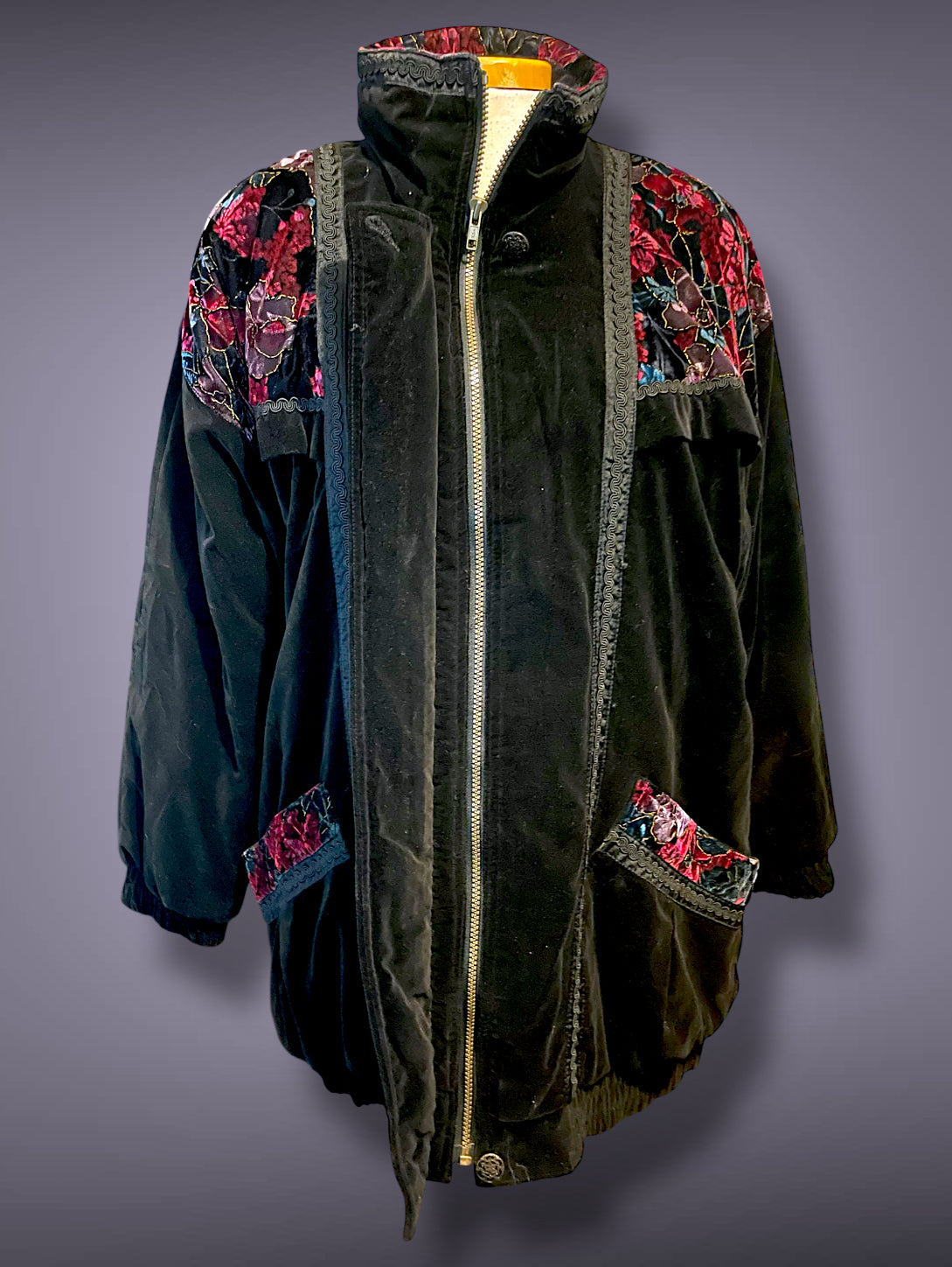 80’s 90’s Black Velvet Puffer Coat w/ Red & Purple Gold Crush Velvet Rose Detail