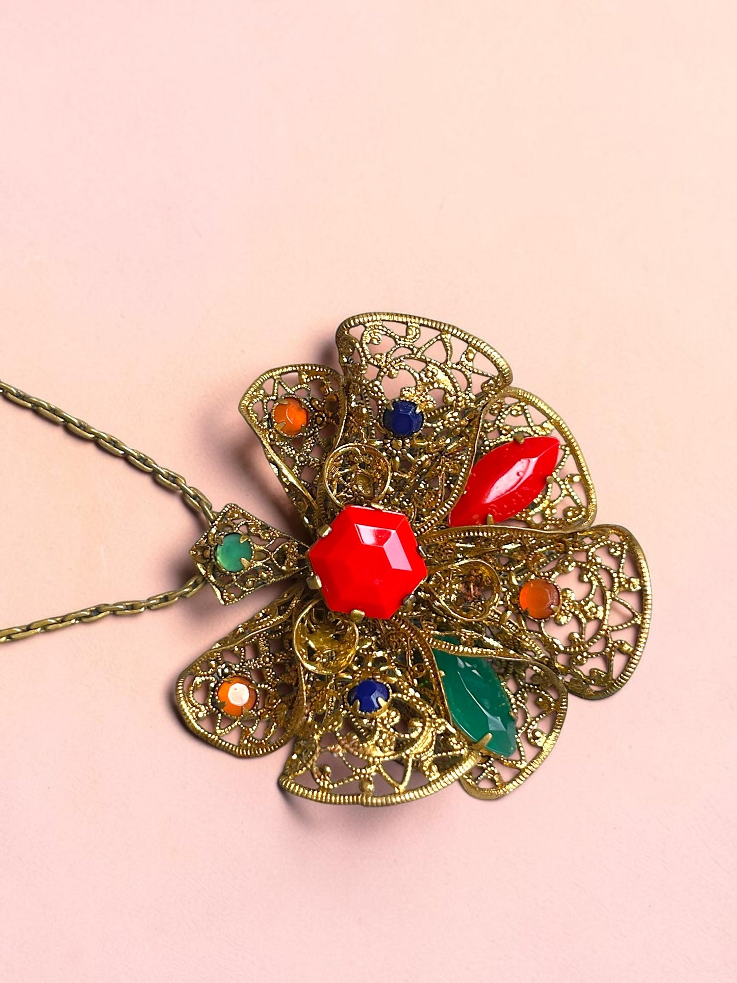 Czechoslovakian Red, Blue, Green & Orange Faceted Art Glass Brass Filigree Necklace