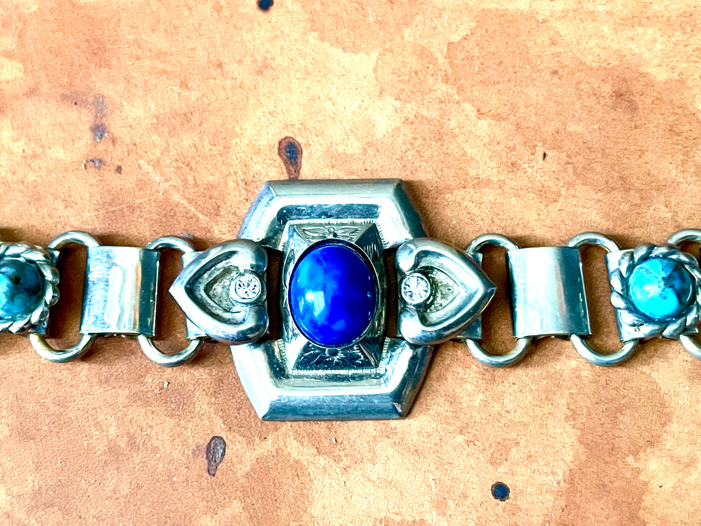Victorian Chunky Silver Book-link Chain, Blue Lapis & Turquoise Art Glass & Crystal Rhinestone Collar Necklace