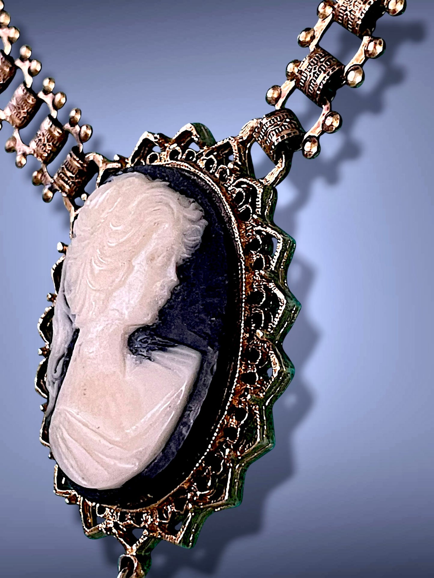 Victorian Gold Book Link Chain Black & Cream Mourning Cameo Designer Signed Necklace