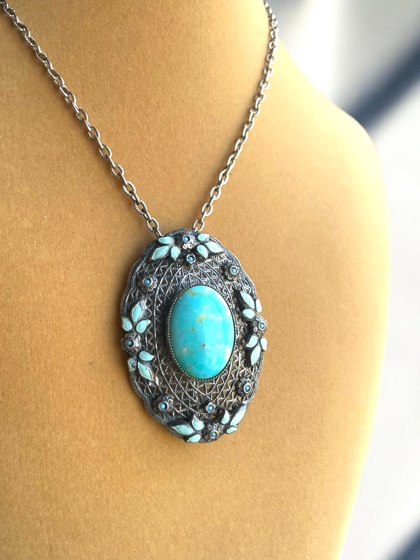 Edwardian Silver Filigree Czechoslovakian Hubble Turquoise Art Glass & Enamel Brooch Pendant Necklace