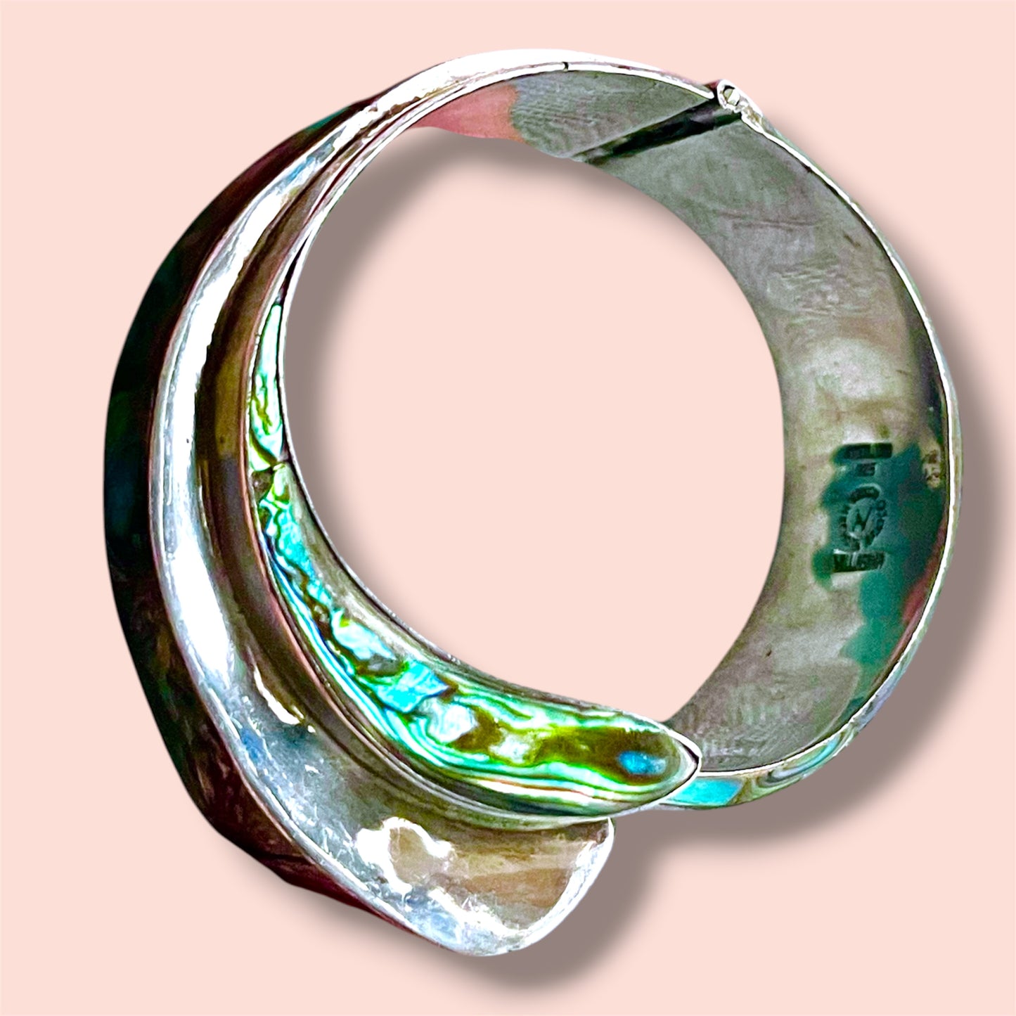 Taxco Sterling Ailver 925 Villisana Designer Abalone Hinged Clamper Bangle Bracelet
