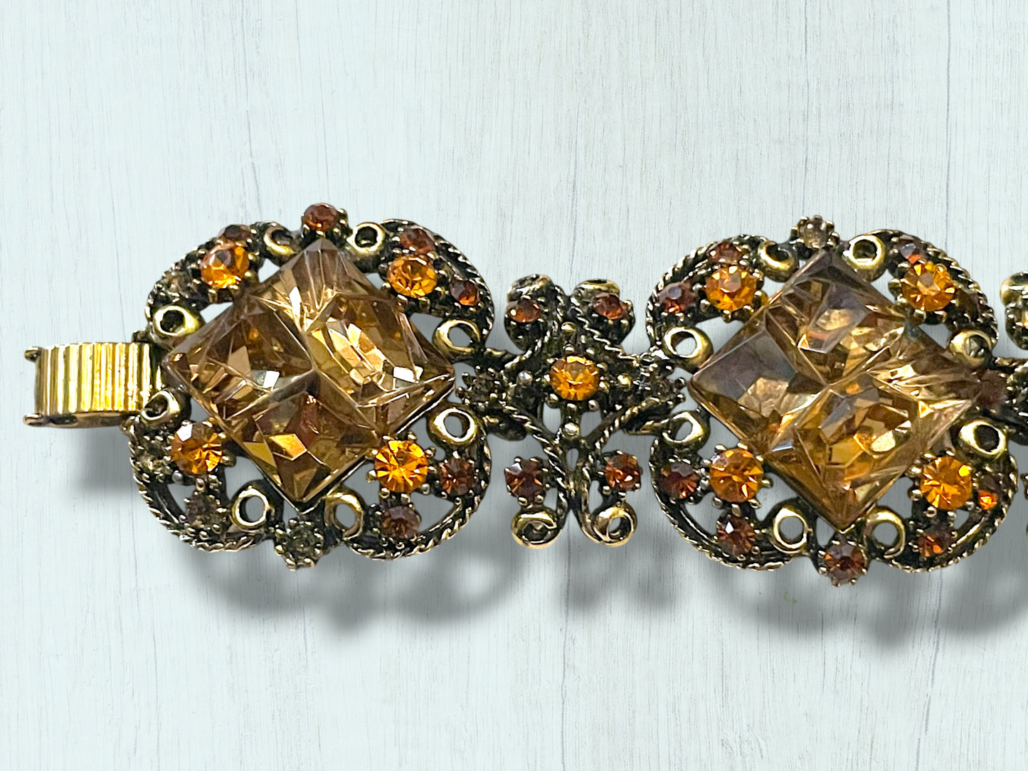 Incredible Vintage Chunky Faceted Amber & Topaz Crystal Designer Bracelet