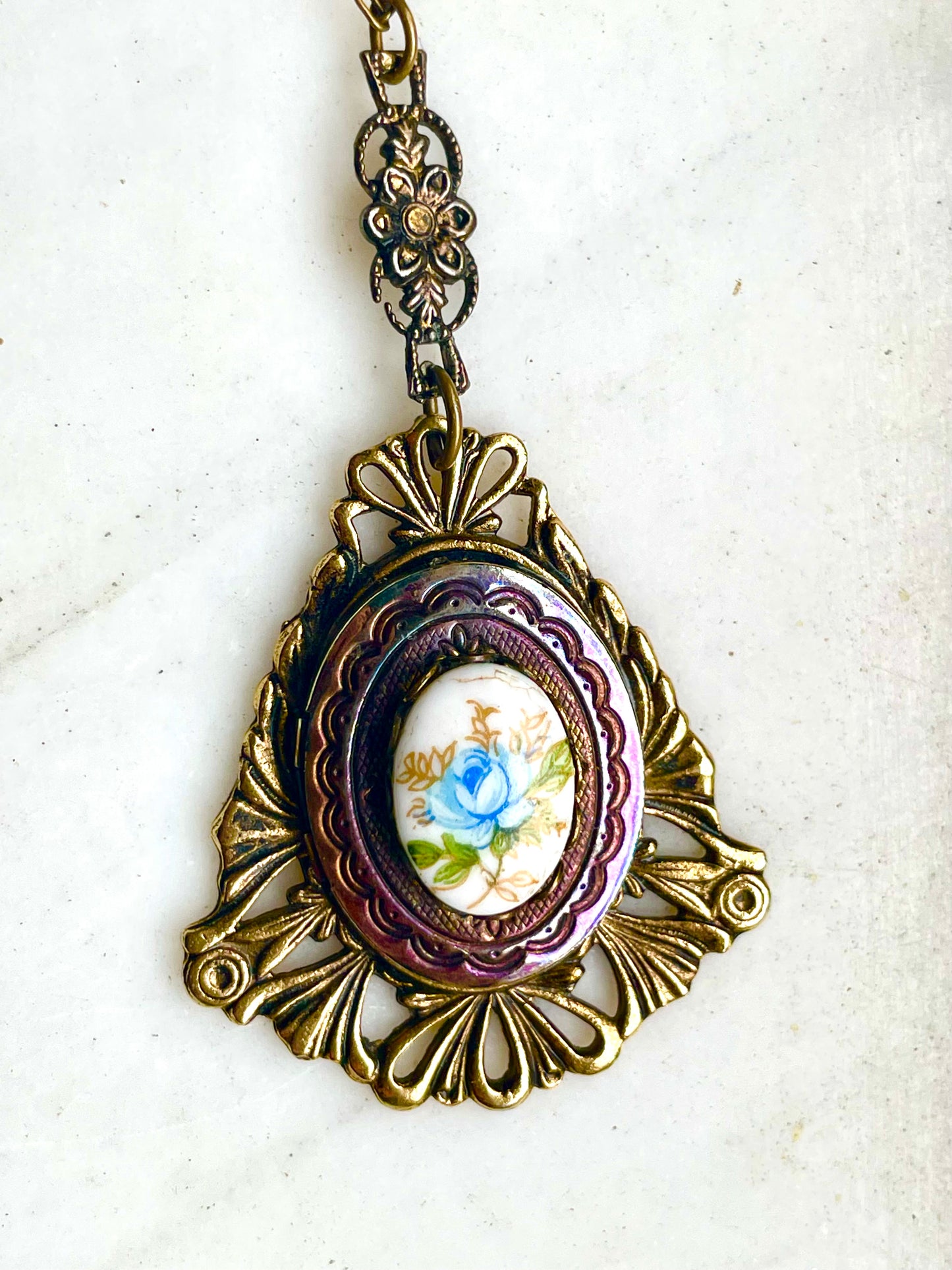 Art Nouveau Brass & Titanium Oxidized Rainbow Metal Porcelain Limogé Blue Rose Locket Necklace