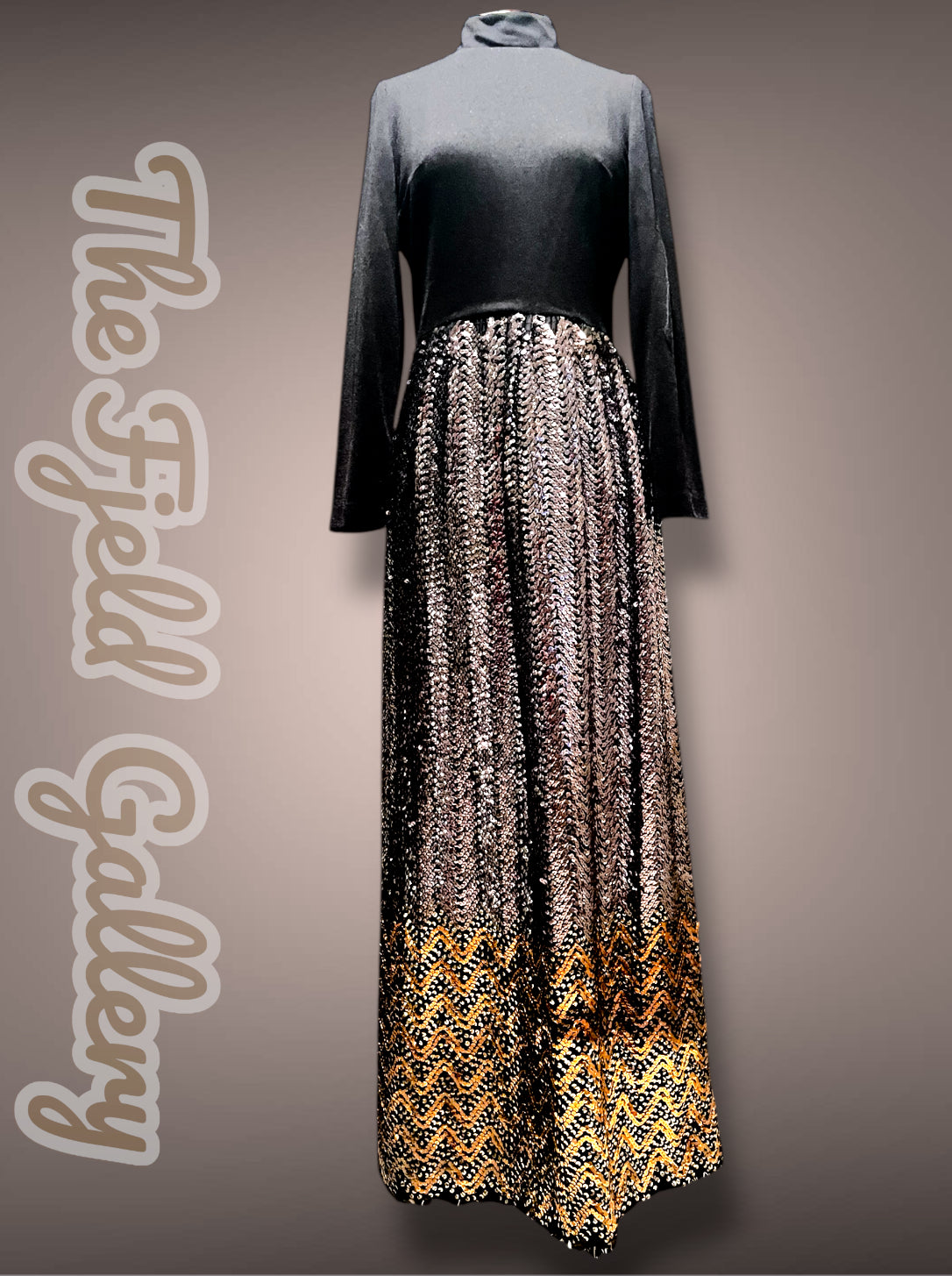 Gorgeous 1960’s Calderón Designer Black Long Sleeve Silver, Gold & Copper Metallic Sequin Maxi Dress