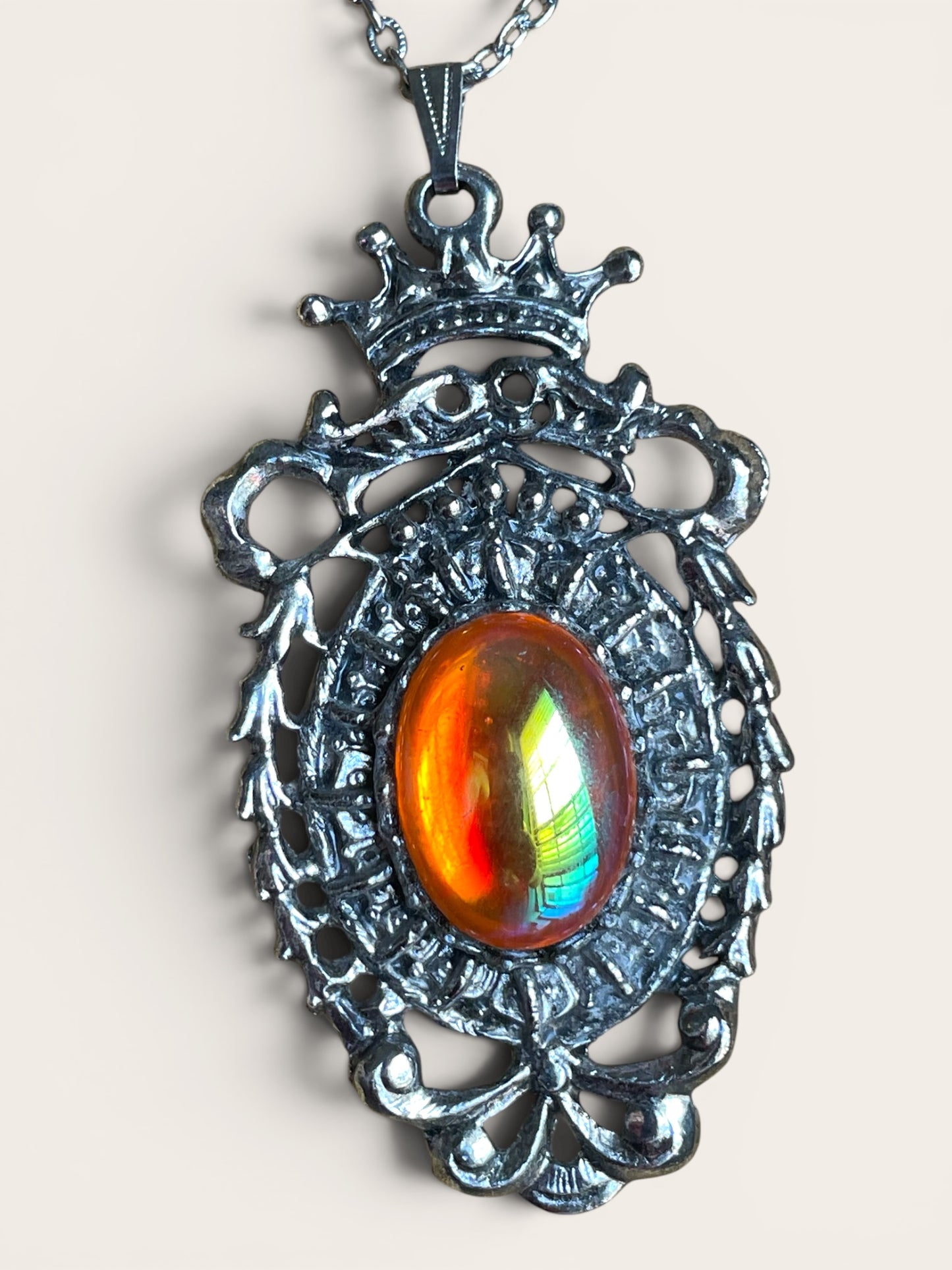 Royal Regency Orange Pink Carnival Art Glass Silver Crown & Garland Pendant Necklace