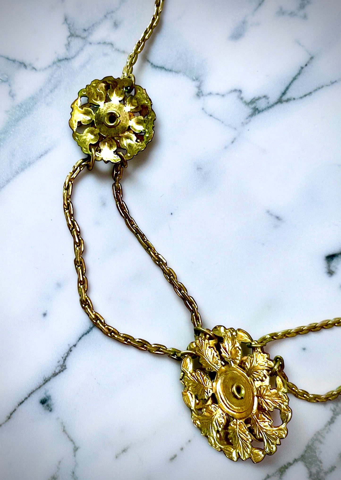 Edwardian Pink Gold Foil Art Glass Dragons Breath Fire Opal Festoon Necklace