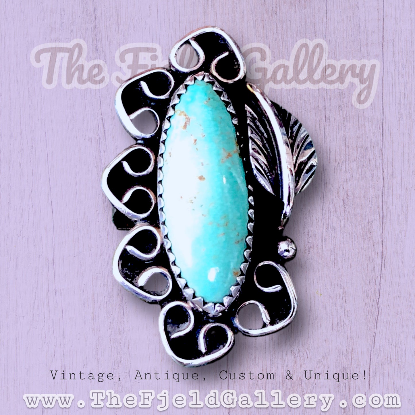 Vintage Sterling Silver & Turquoise Native American Long Leaf Detail Ring