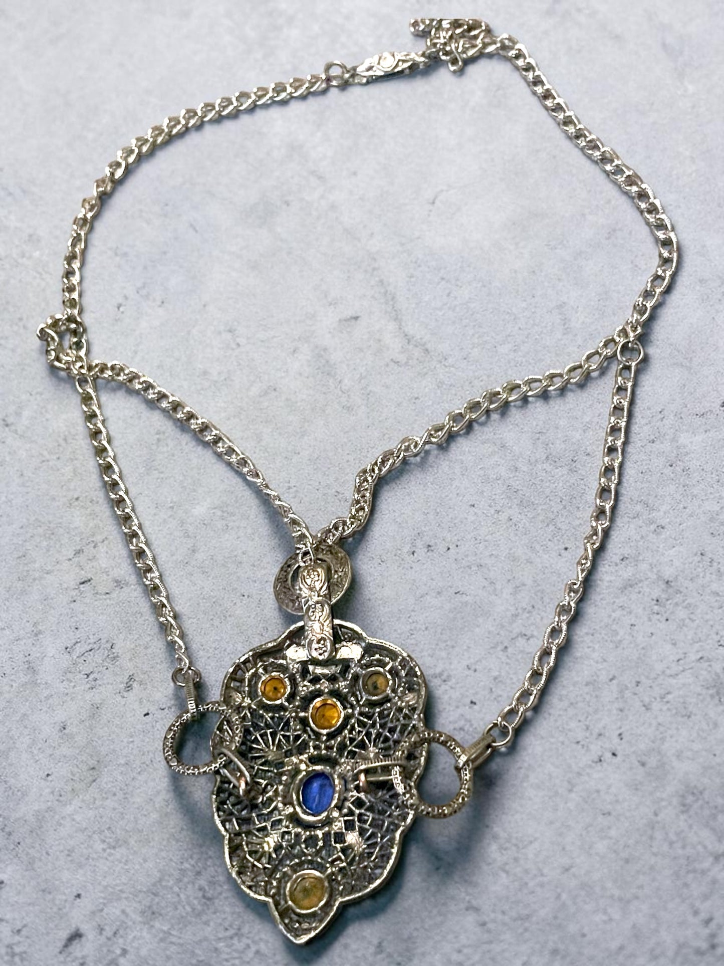 Czech Silver Filigree Fruit Salad Multi-color Leaded Past Stone Crystal Saphire, Emerald, Aquamarine, Ruby & Citrine Festoon Necklace