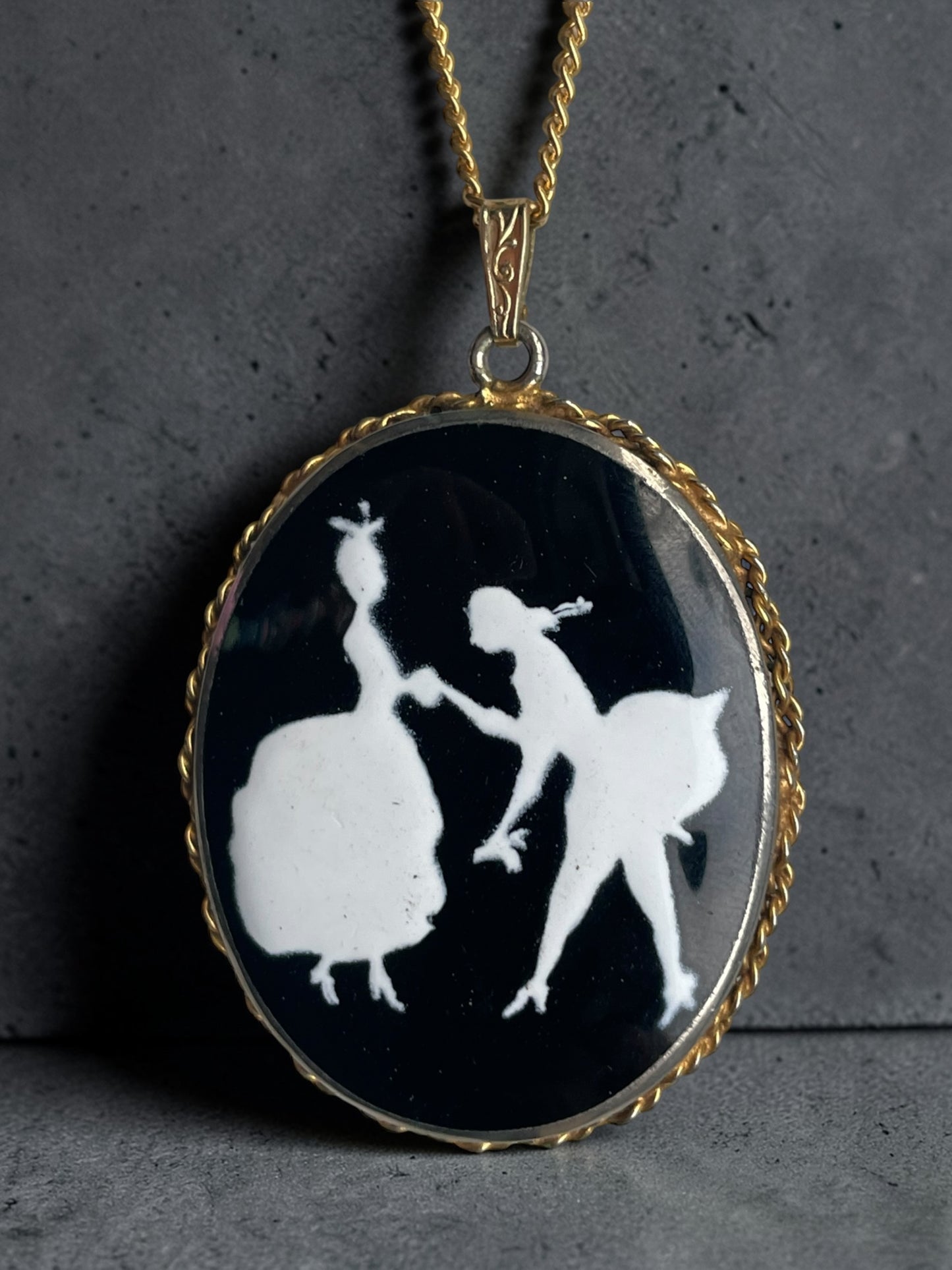 Incredible Victorian Black & White Porcelain Courting Couple Locket Necklace