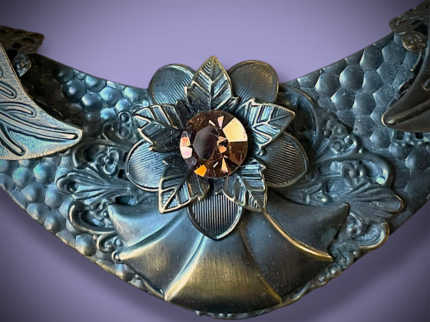 Art Nouveau Hand Hammered Brass & Citrine Crystal Chevron Choker Necklace